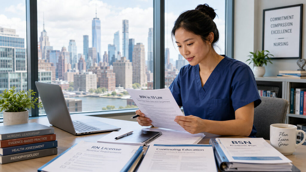 アメリカで看護師として働くためにBSN in 10 Lawを確認する女性看護師